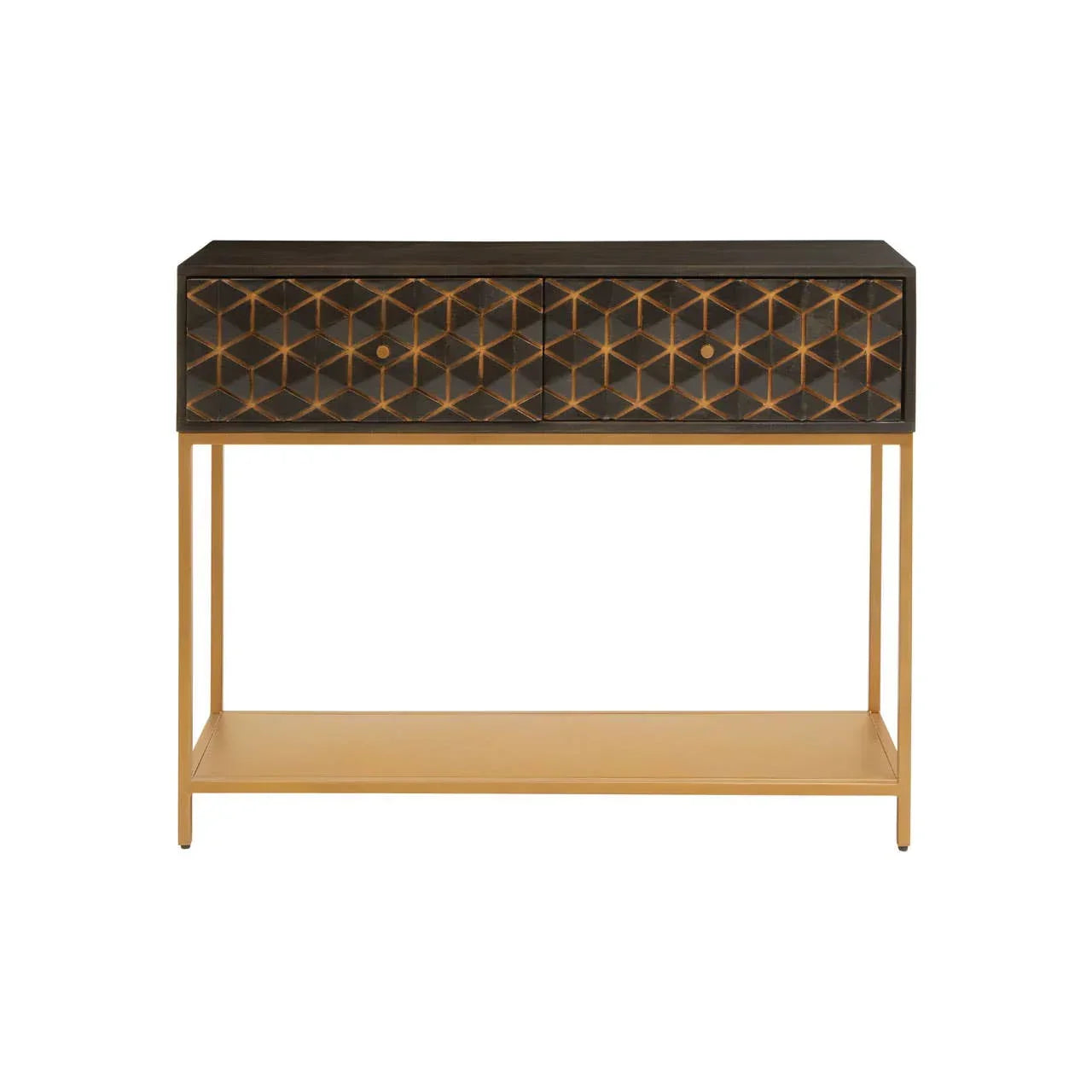 Geometric pattern console table with black drawer front and gold metal frame