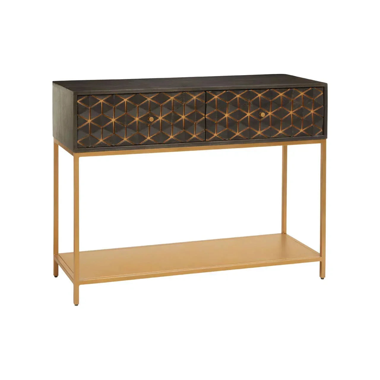 Geometric wood and gold console table with two drawers and open lower shelf