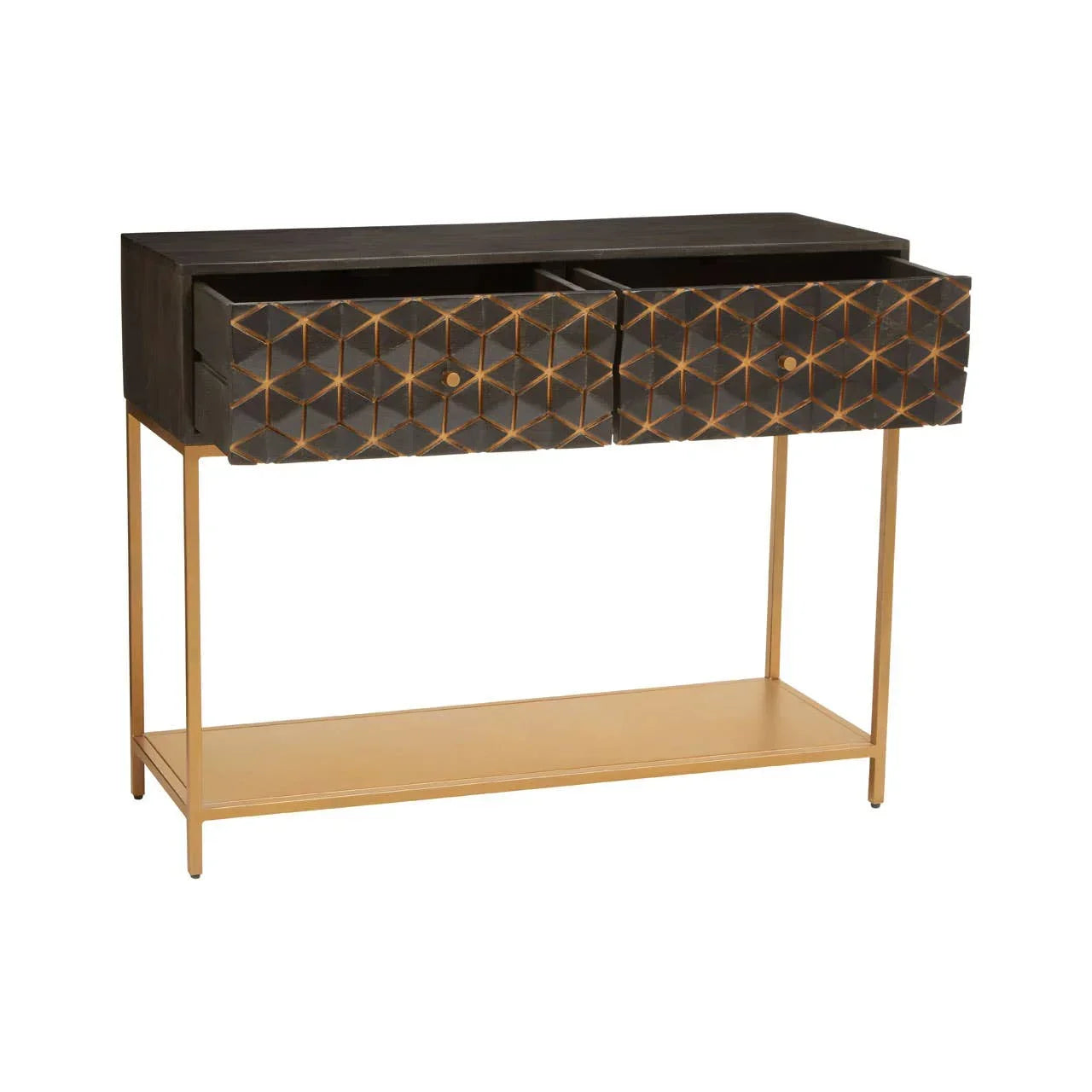 Geometric patterned console table with two drawers and gold metal frame