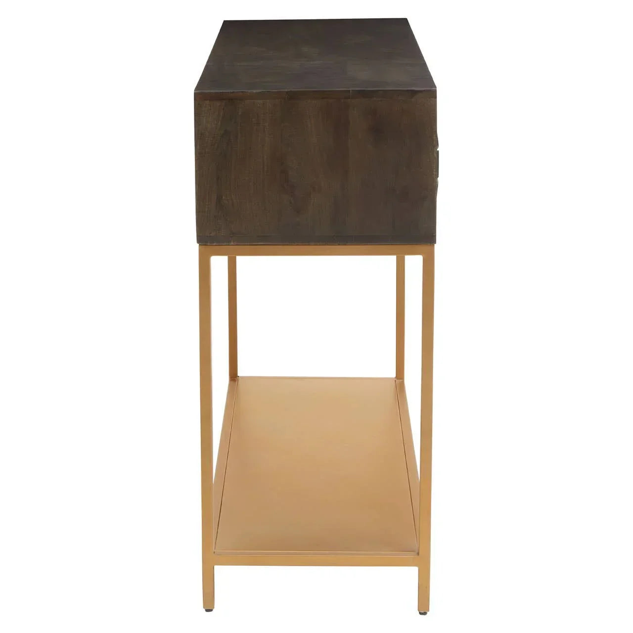 Side view of wooden console table with gold metal legs and lower shelf