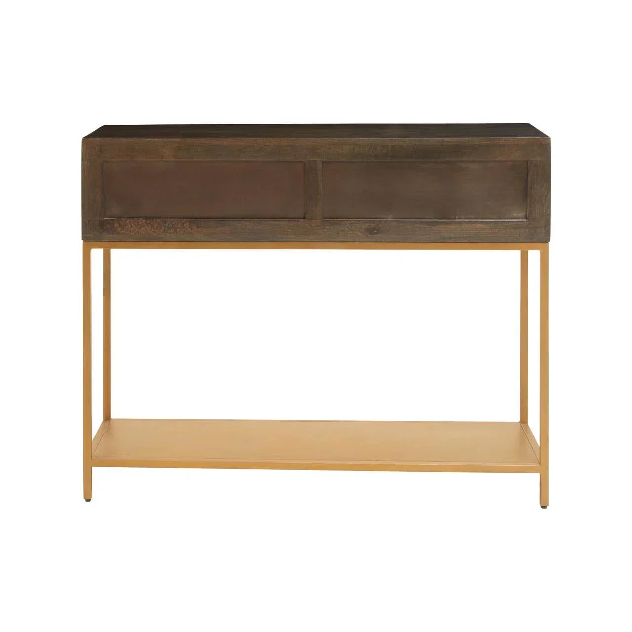 Wood console table with metal legs and lower shelf, rectangular design, front view