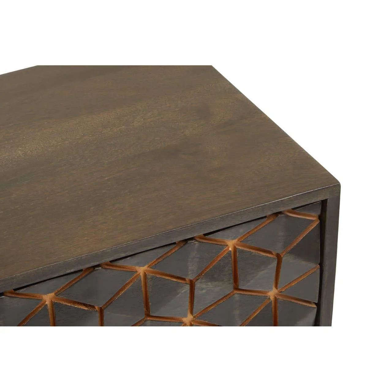 Dark wood cabinet corner with geometric carved drawer front detail