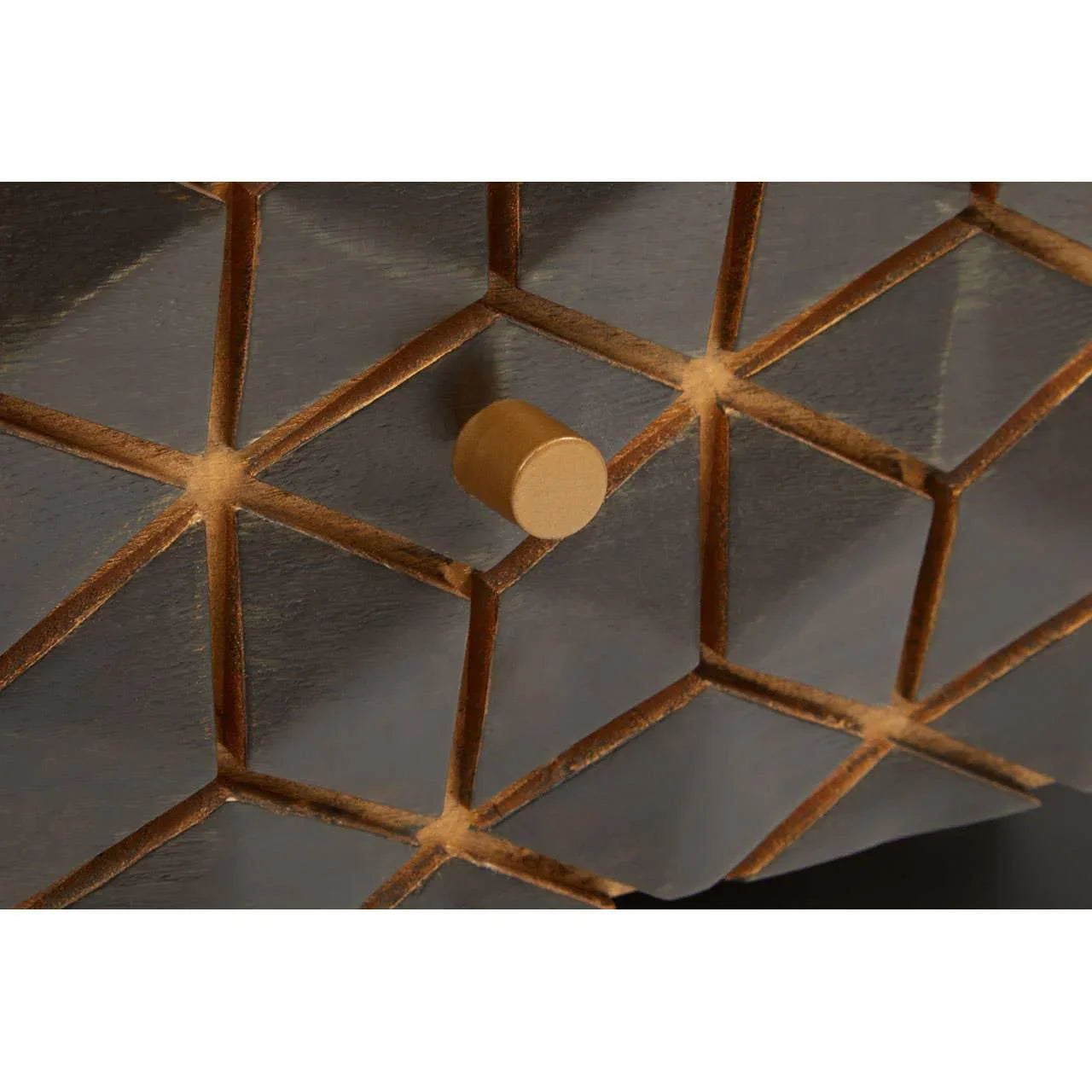 Geometric wood cabinet drawer with gold knob and textured pattern detail