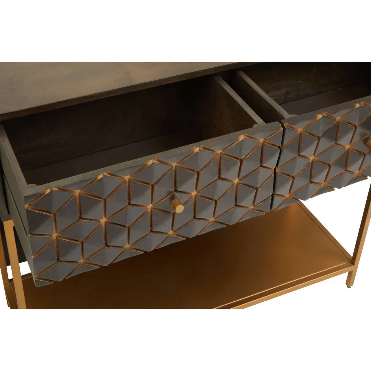 Geometric wood console table with open drawer and gold shelf, close-up angle