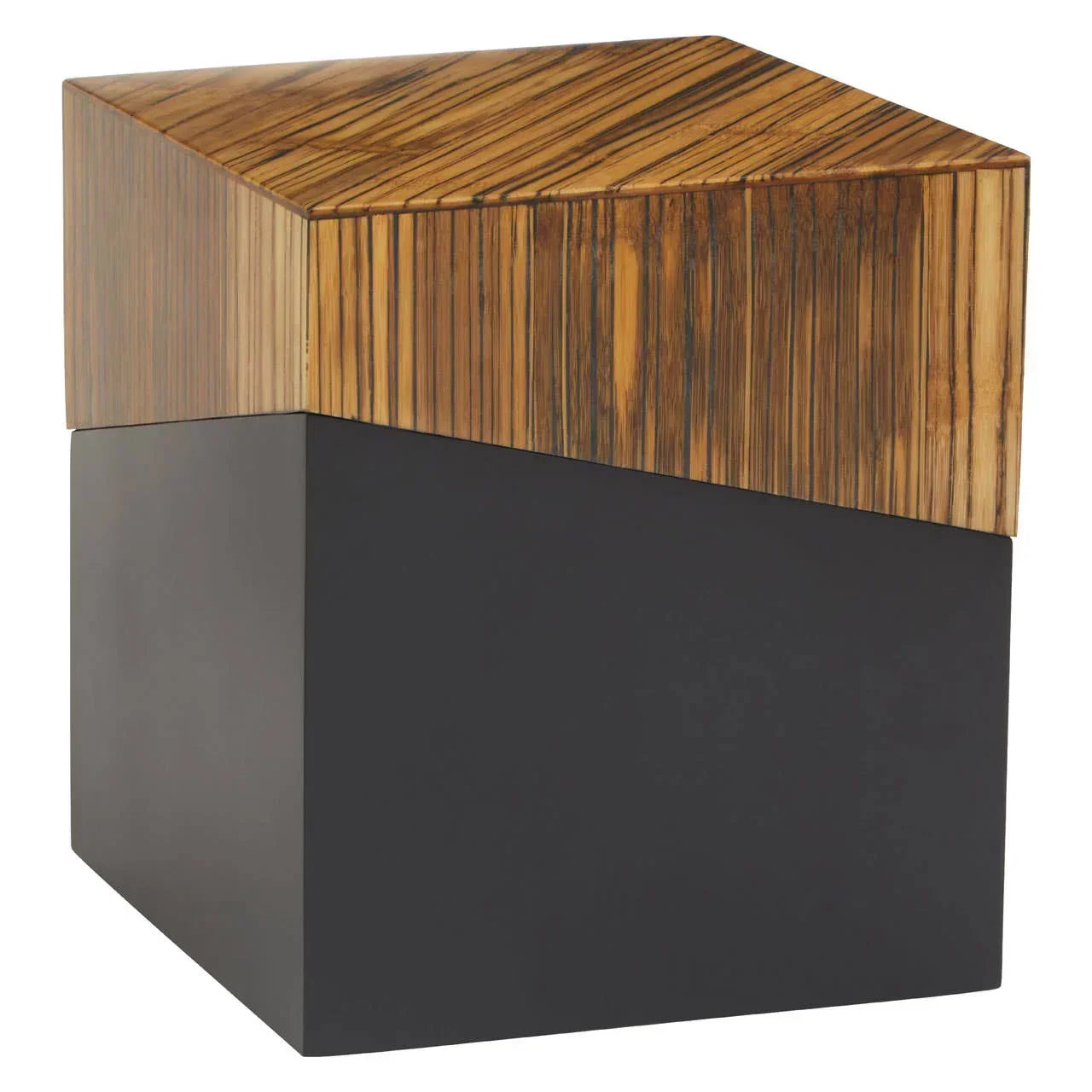 Modern geometric side table with black base and wood veneer top, angled view