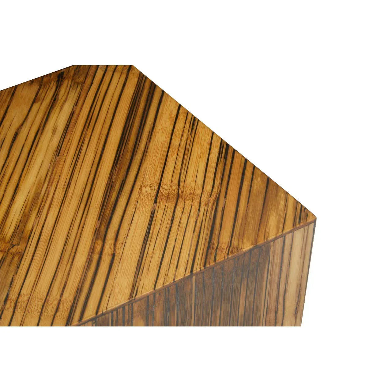 Close-up of wooden coffee table with striped grain pattern and sharp edge