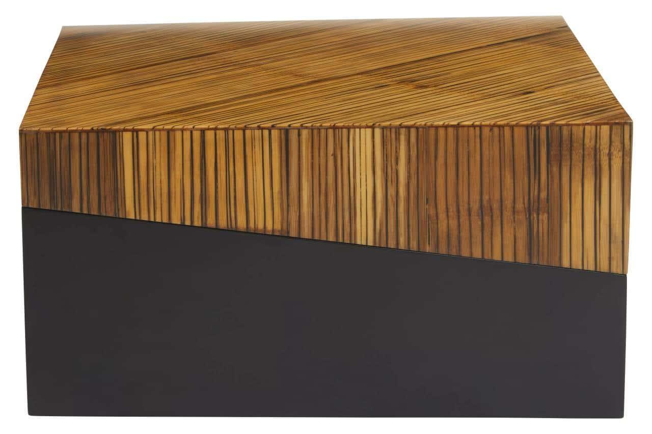 Modern square coffee table with striped wood top and black geometric base