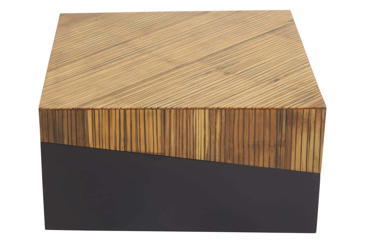 Square wood coffee table with diagonal veneer top and black matte base, front view