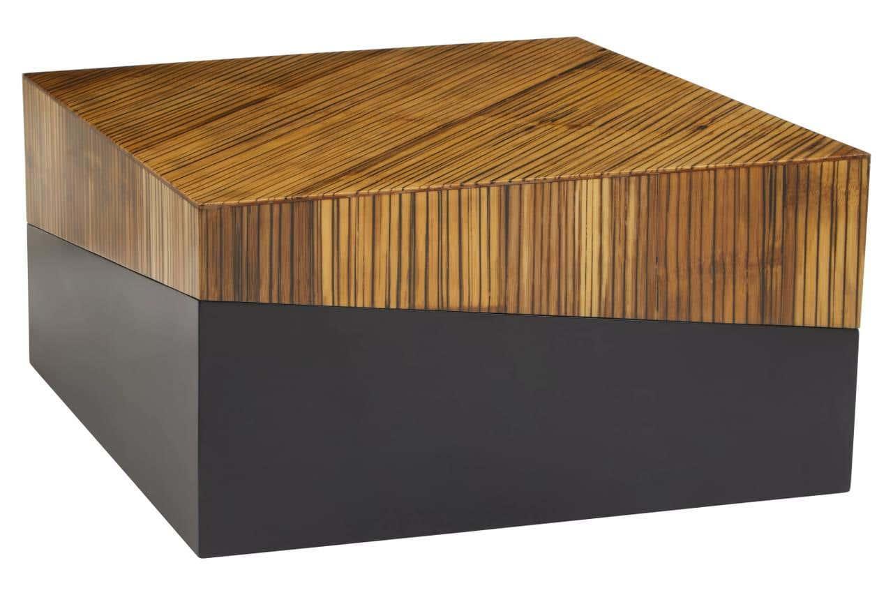 Square coffee table with striped wood top and black base, modern geometric design