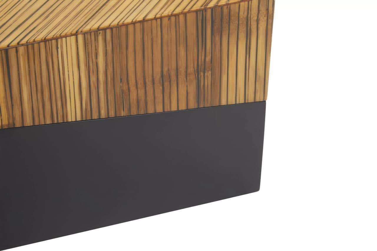 Close up of wooden coffee table with vertical slat design and black metal base