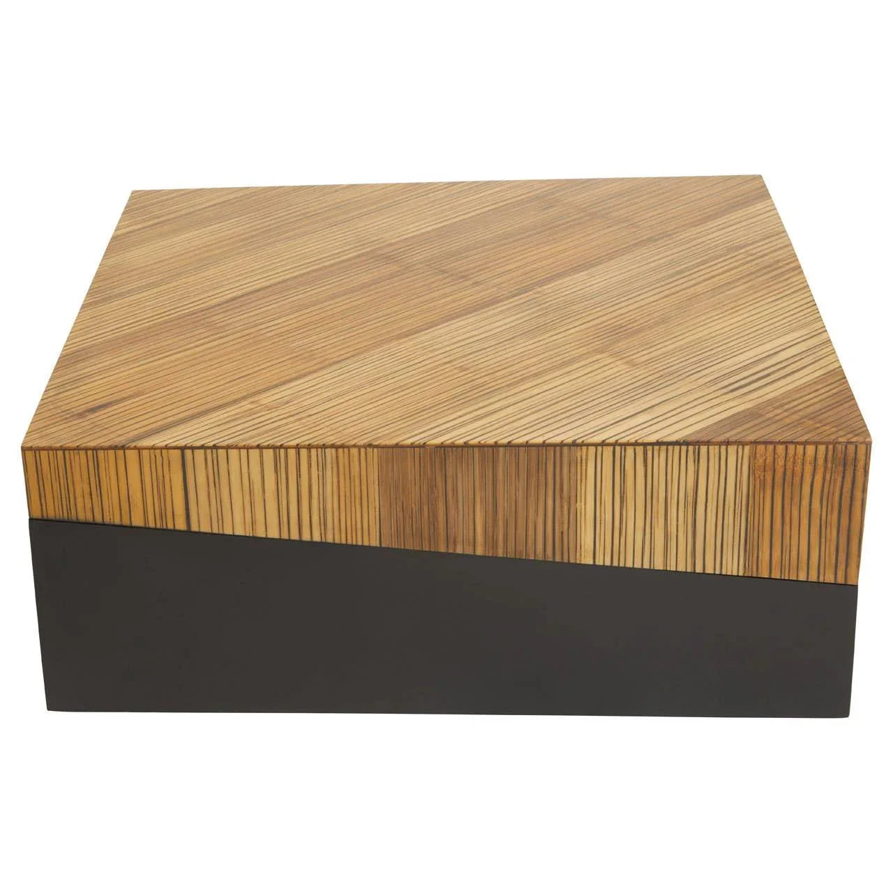 Square coffee table with striped wood top and matte black base, front angle view