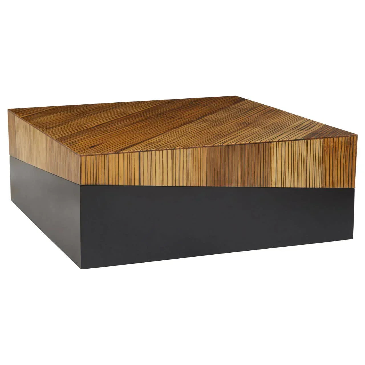 Square coffee table with striped wood top and matte black base on white background