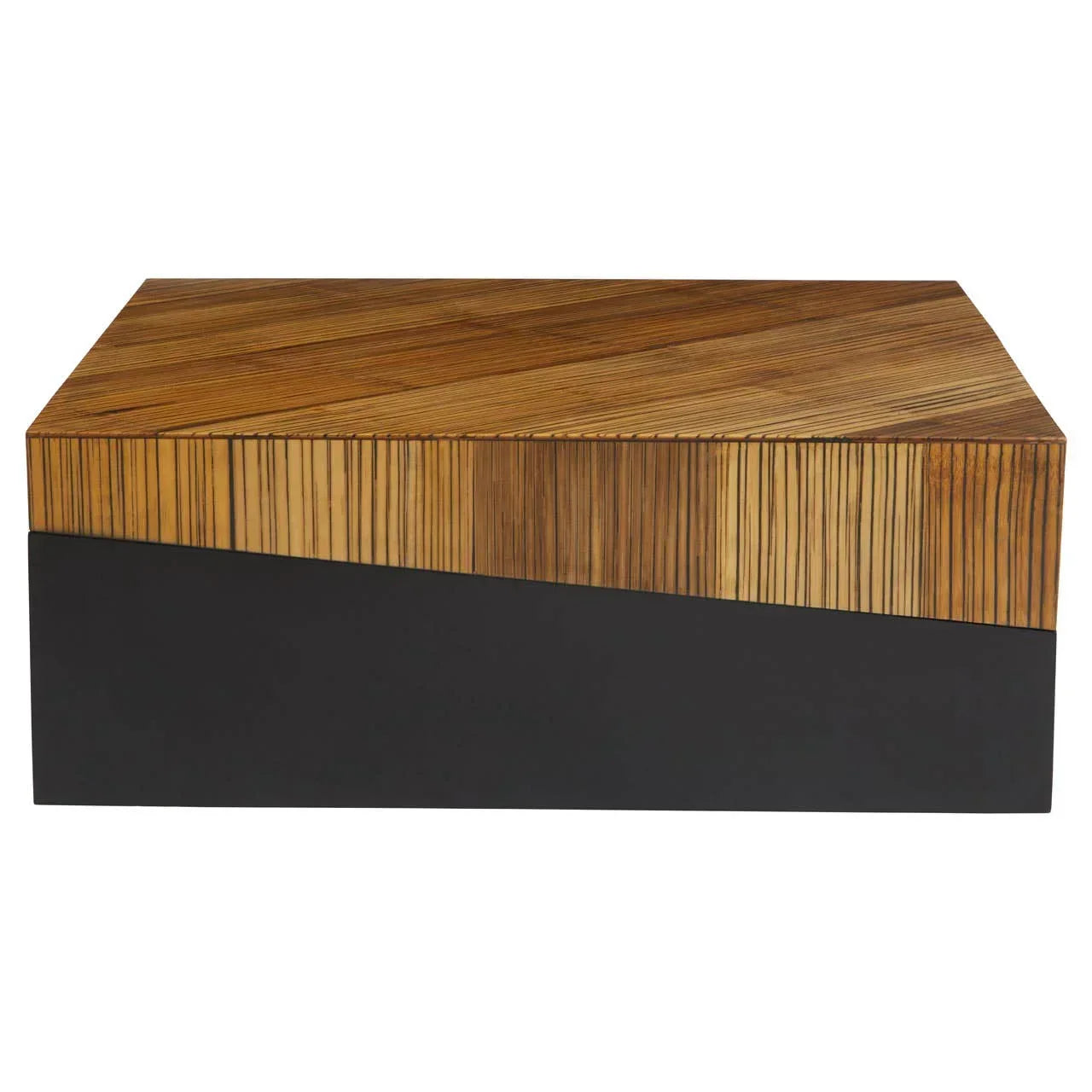 Rectangular wooden coffee table with diagonal grain top and black geometric base