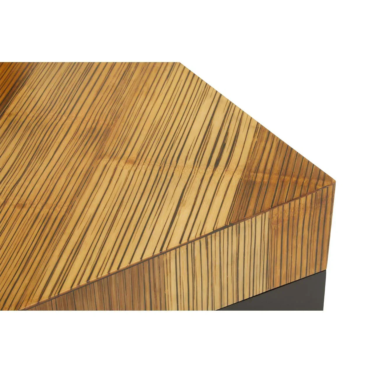 Close-up of modern striped wood coffee table corner with glossy finish