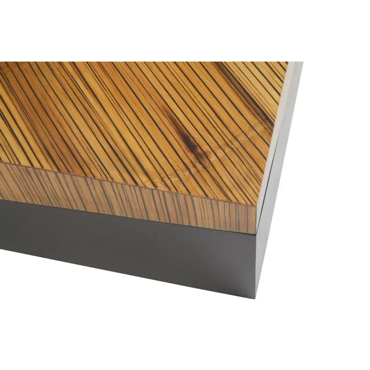 Corner detail of striped wood coffee table with matte black base