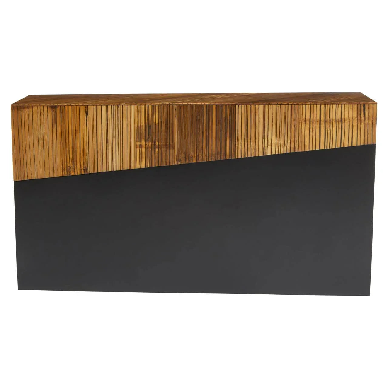 Rectangular console table with slatted wood top and matte black angled base