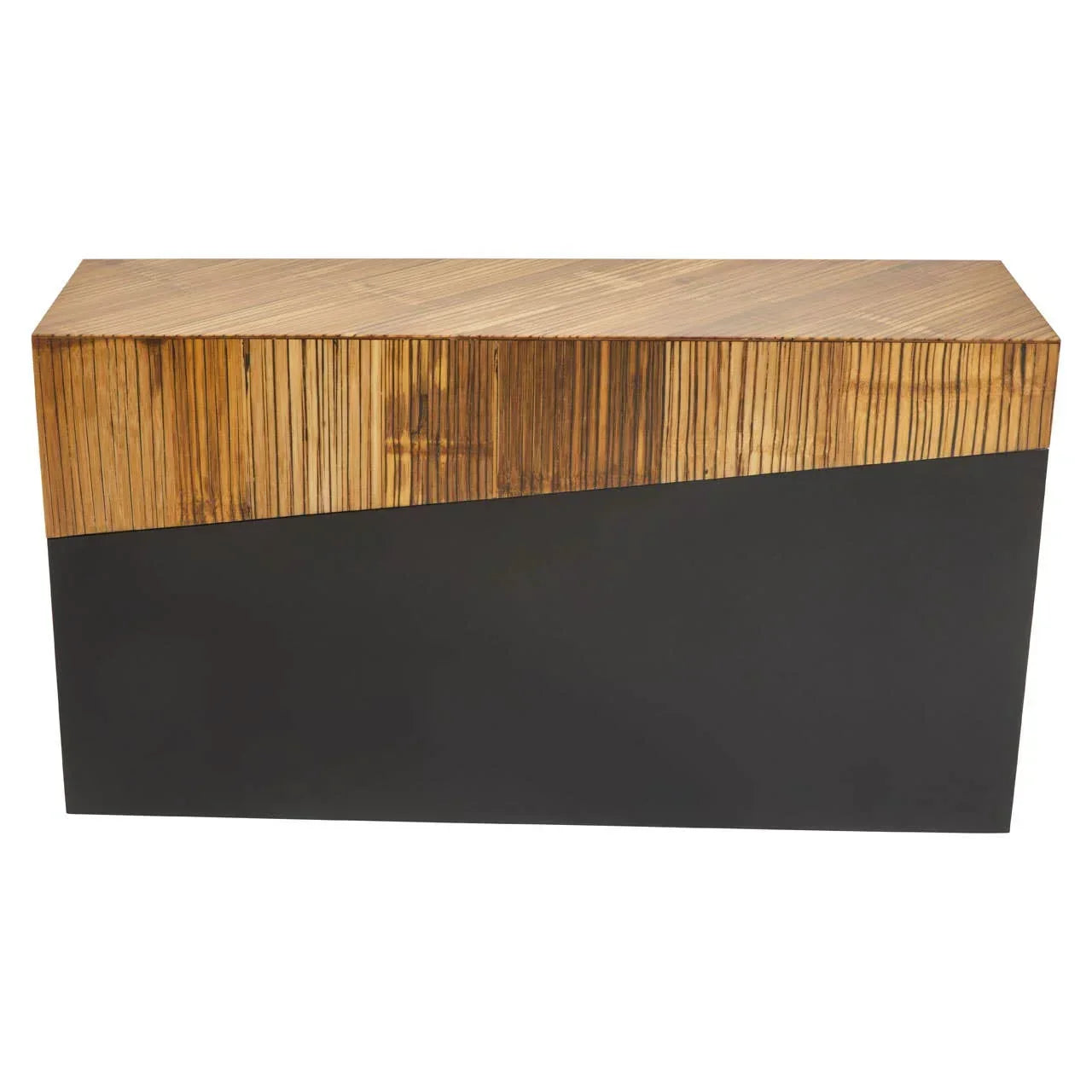 Modern console table with natural wood top and vertical slat detail above matte black base