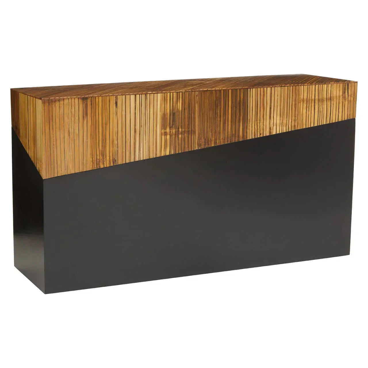 Modern console table with black base and slatted wood top, angled contemporary design