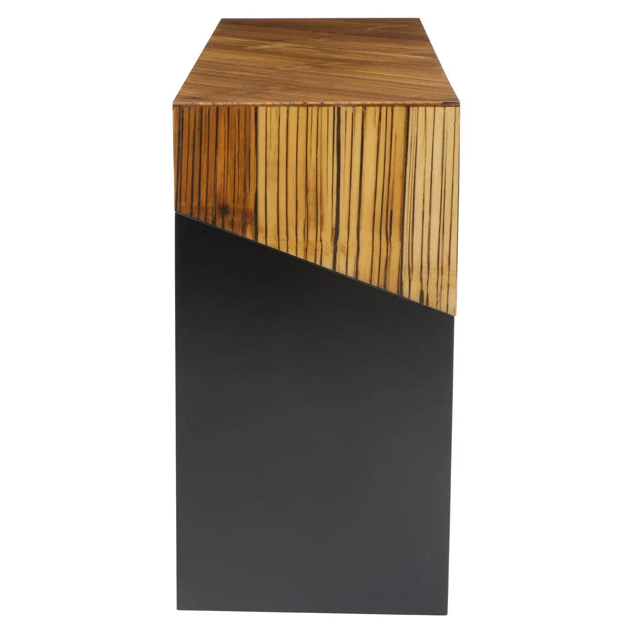 Side view of modern wood and black metal console table with vertical grain detail