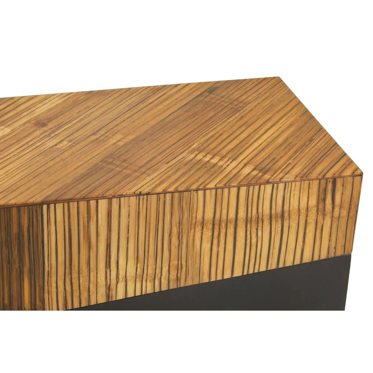 Close up of wooden coffee table with striped grain pattern and black base