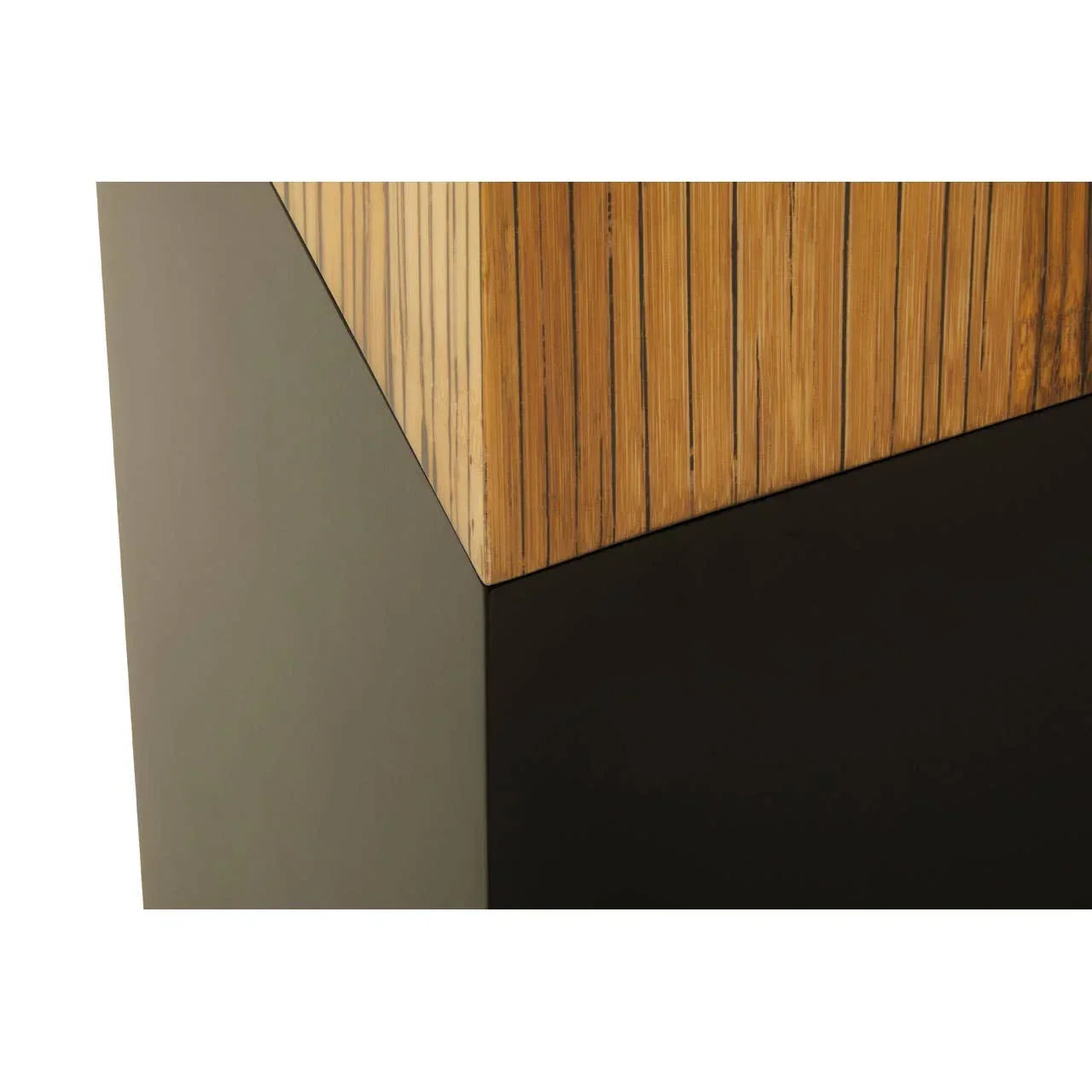 Closeup of wooden and black metal furniture leg with natural grain detail