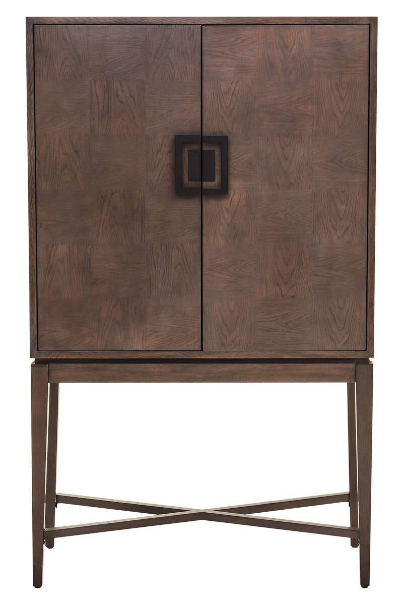 Antique grey cabinet with a sleek design featuring two doors and a square metal handle, supported by a sturdy cross-legged base. The cabinet has a textured finish that adds depth and character to the overall look