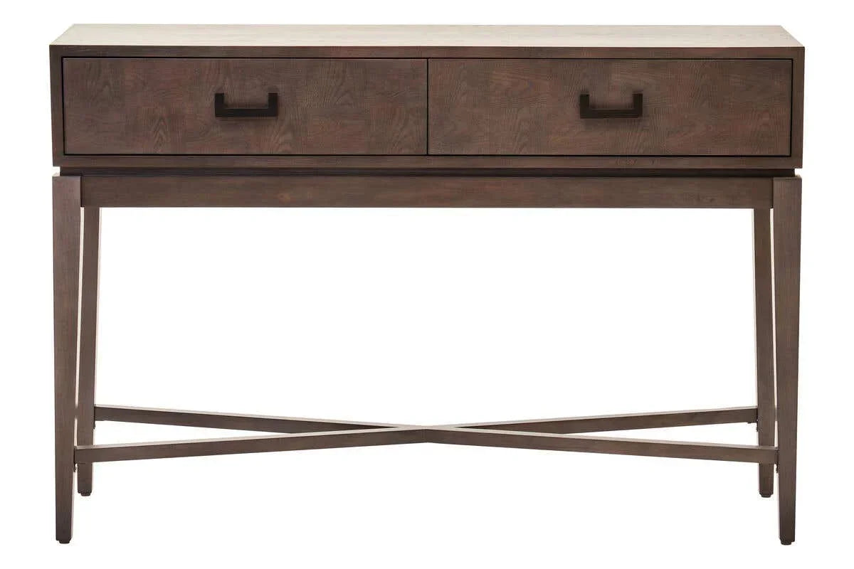Dark wood console table with two drawers and crossbar detail, front view