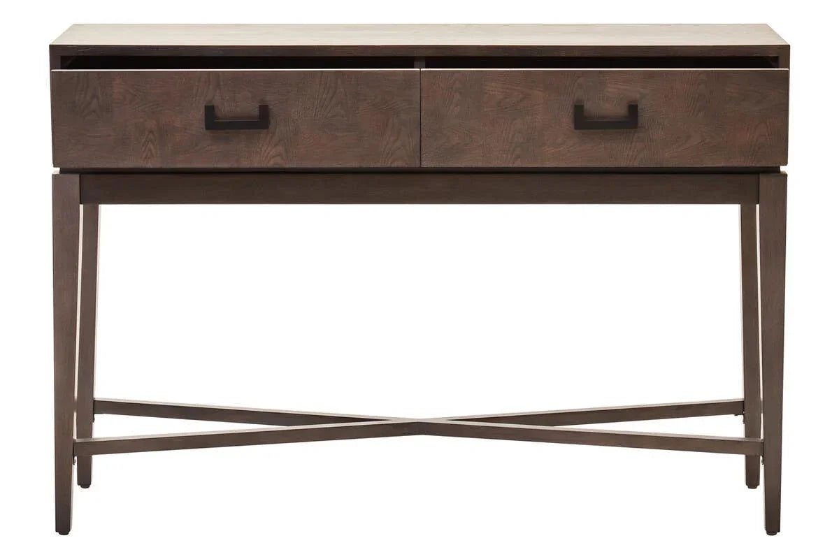 Dark wood console table with two drawers and crossed leg support, front view