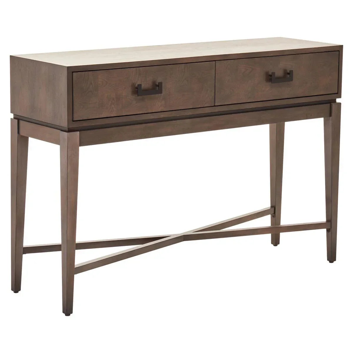 Modern wooden console table with two drawers and metal handles, angled leg design