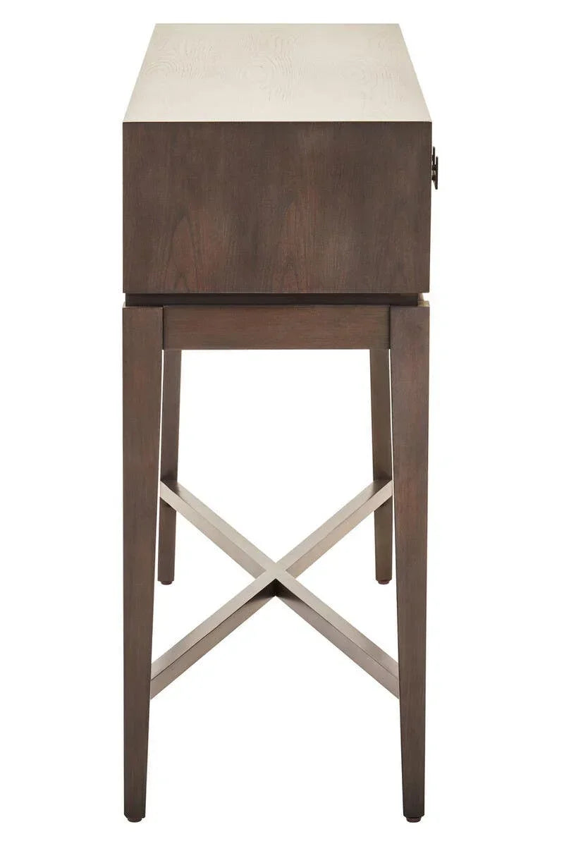 Side view of wooden side table with crossed metal support legs