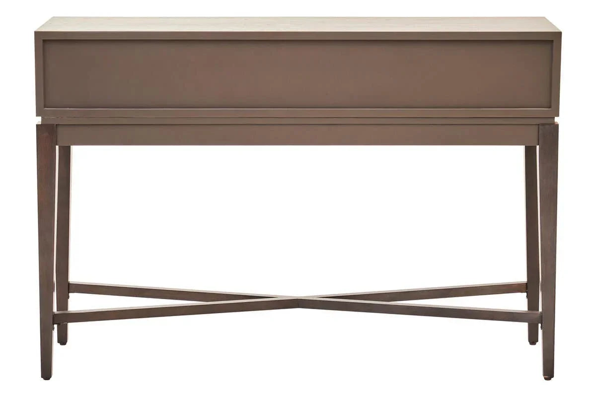 Rectangular brown wooden console table with drawer and crossed leg support, front view