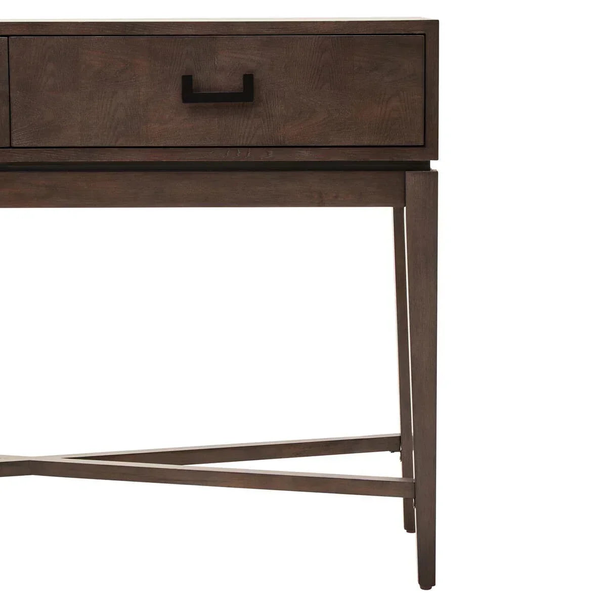 Wooden console table with dark finish, single drawer and metal handle, angled front view