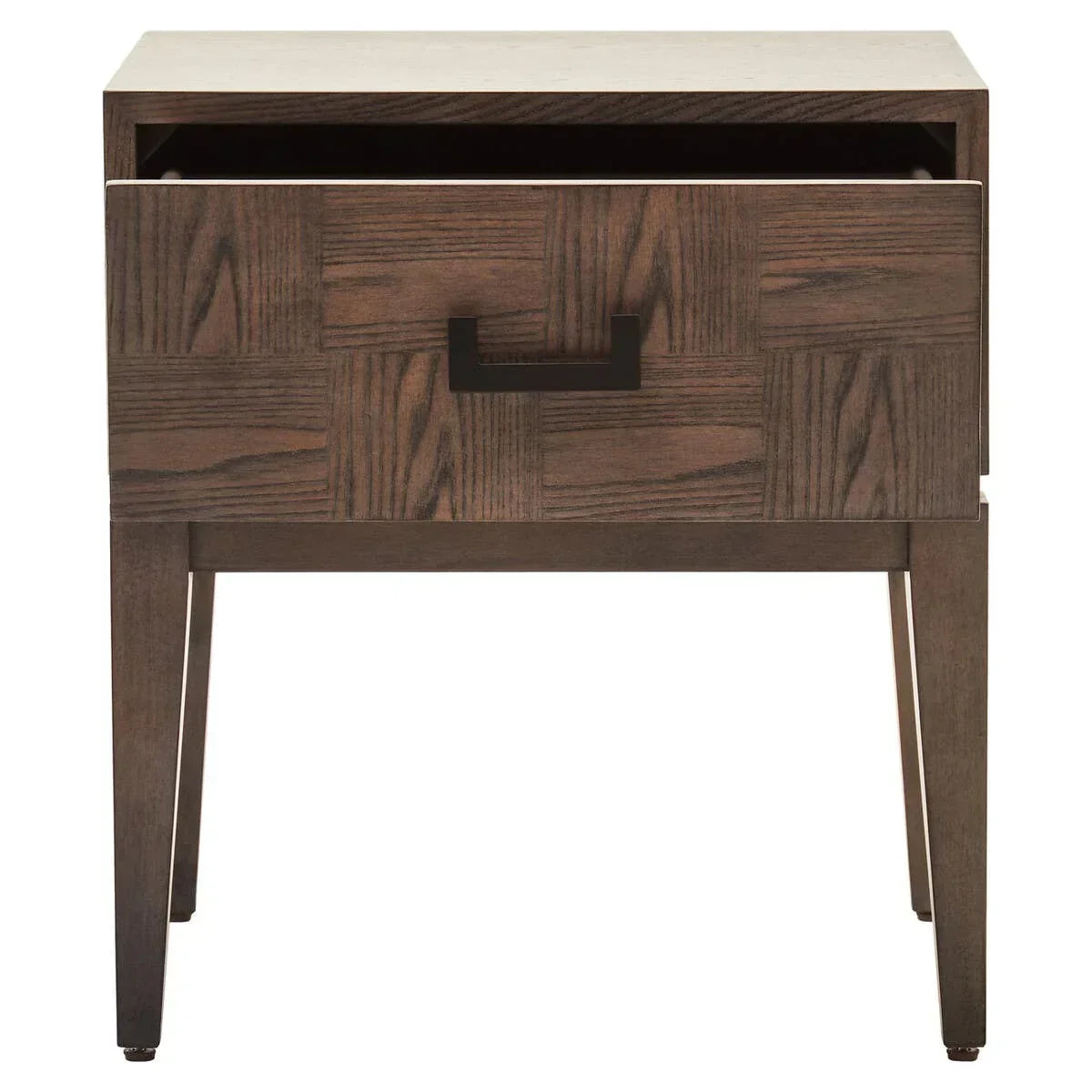 Wooden bedside table with parquet drawer front and black handle, single drawer open