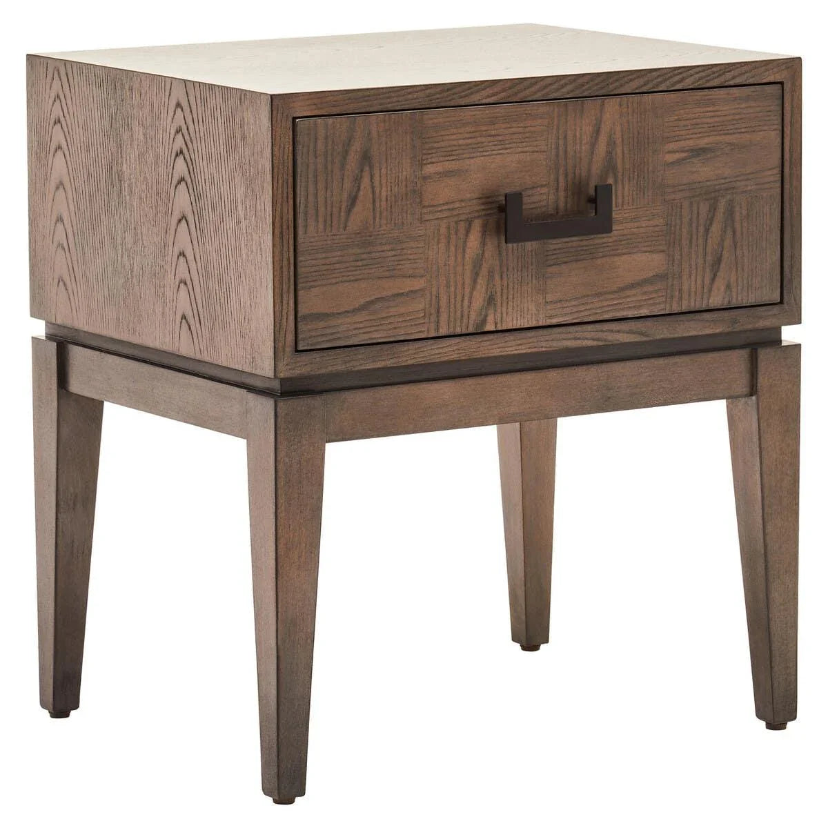Wooden bedside table with single drawer and square handle, shown at an angle