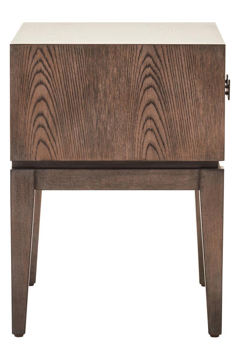 Wooden bedside table with a single drawer and tapered legs, front view
