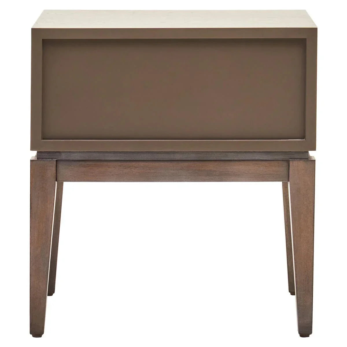 Brown wooden bedside table with box drawer and angled legs, front view