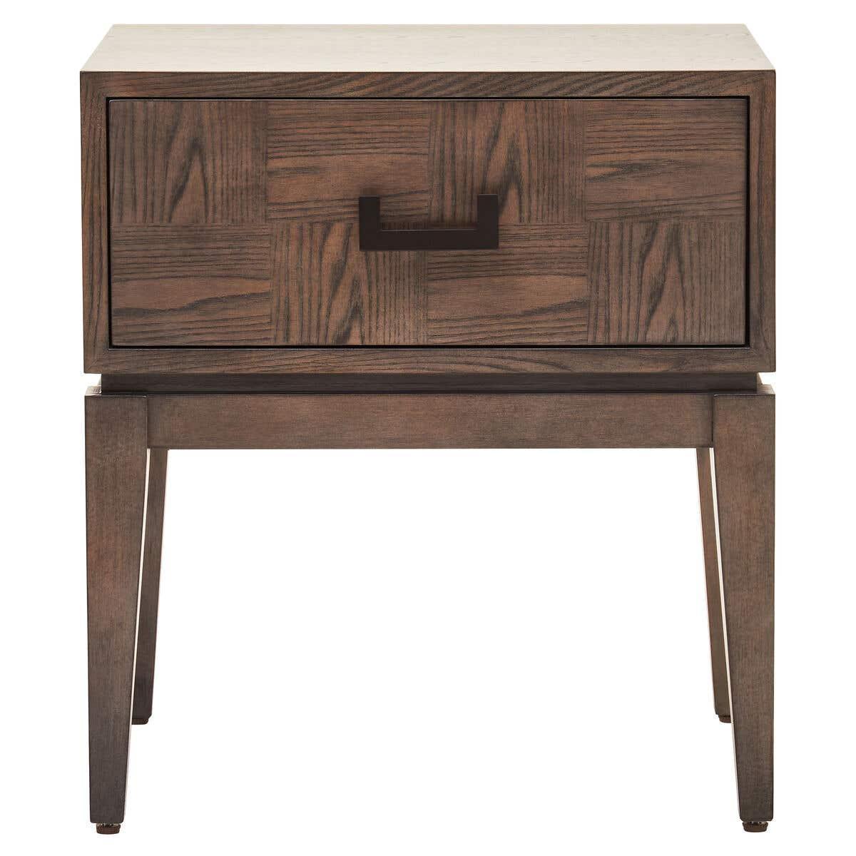Modern wooden bedside table with single drawer, geometric wood grain and metal handle