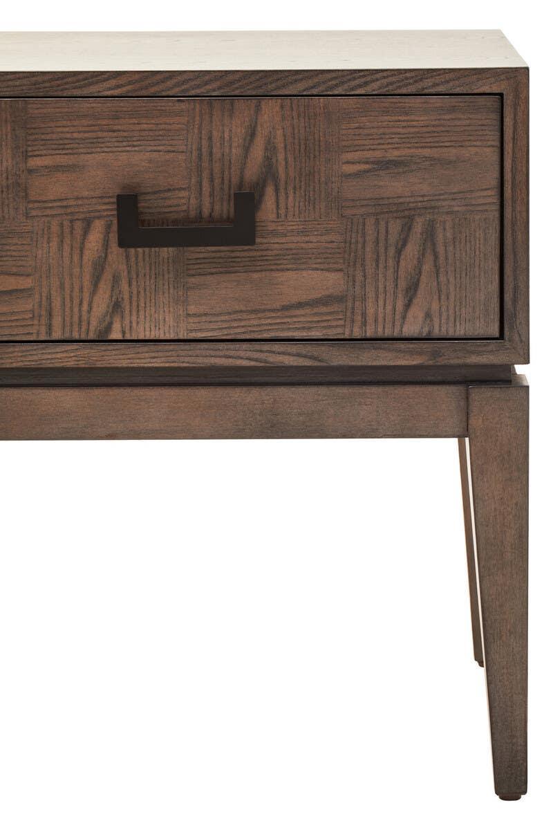 Wooden bedside table with parquet drawer front and black metal handle
