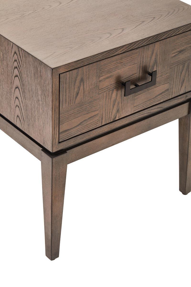 Wood bedside table with drawer, black metal handle, tapered legs, oak grain finish