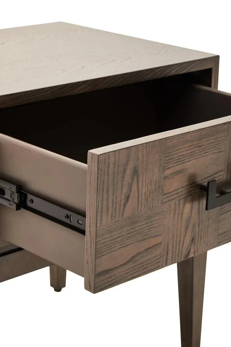 Wooden bedside table with open drawer, metal handle and parquet pattern front