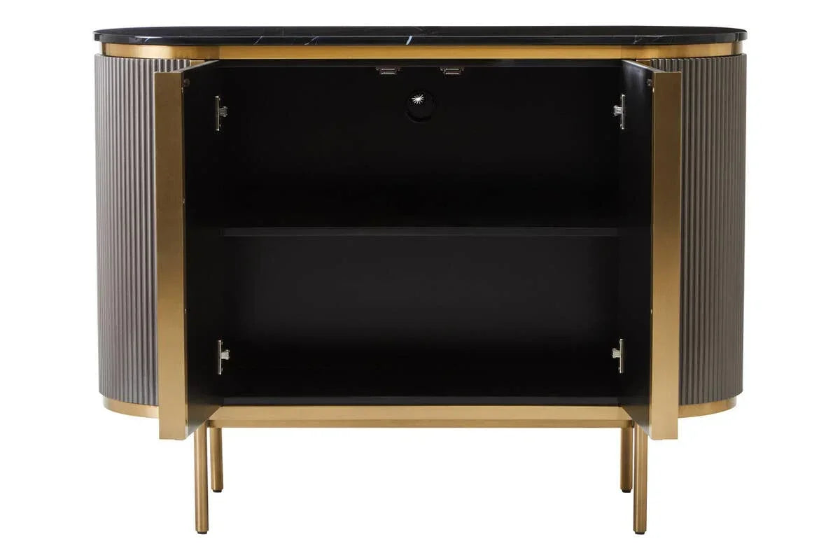 Black and gold sideboard cabinet with open doors showing interior shelf and fluted sides