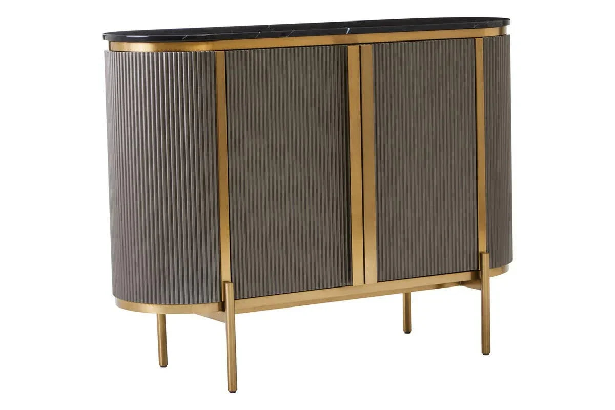 Grey and gold sideboard cabinet with ribbed doors and black marble top