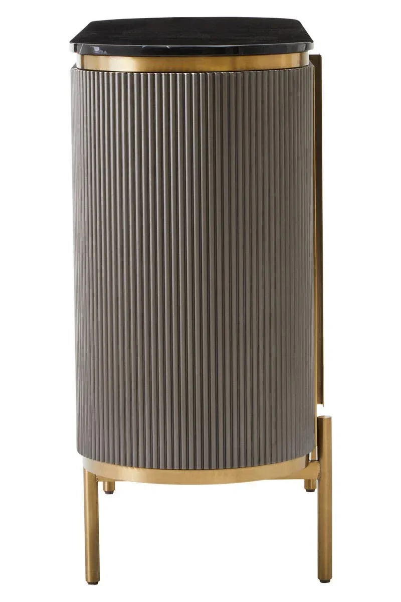 Round side table with fluted grey panel, black marble top and gold metal legs