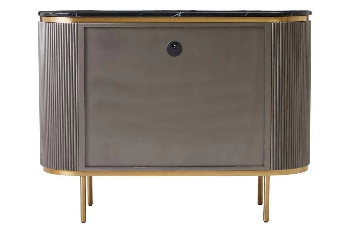 Grey sideboard with black marble top, gold legs, and ribbed detailing on the sides