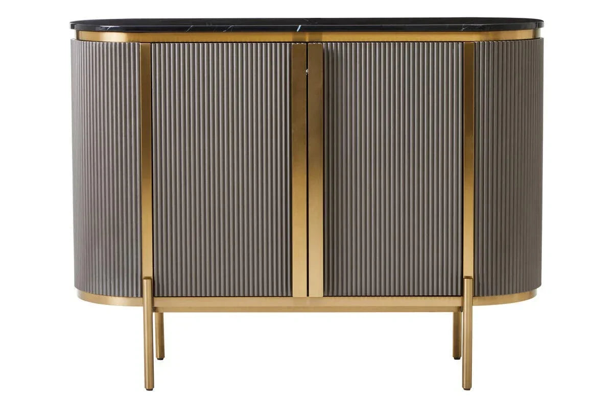 Modern sideboard with fluted grey doors, gold metal frame, and black marble top