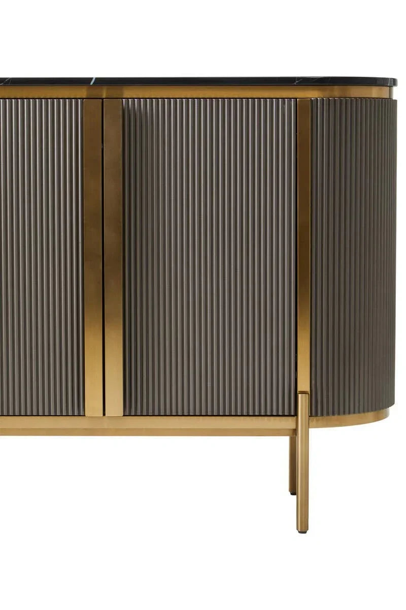 Modern sideboard cabinet with ribbed grey doors and gold metal frame, close front view