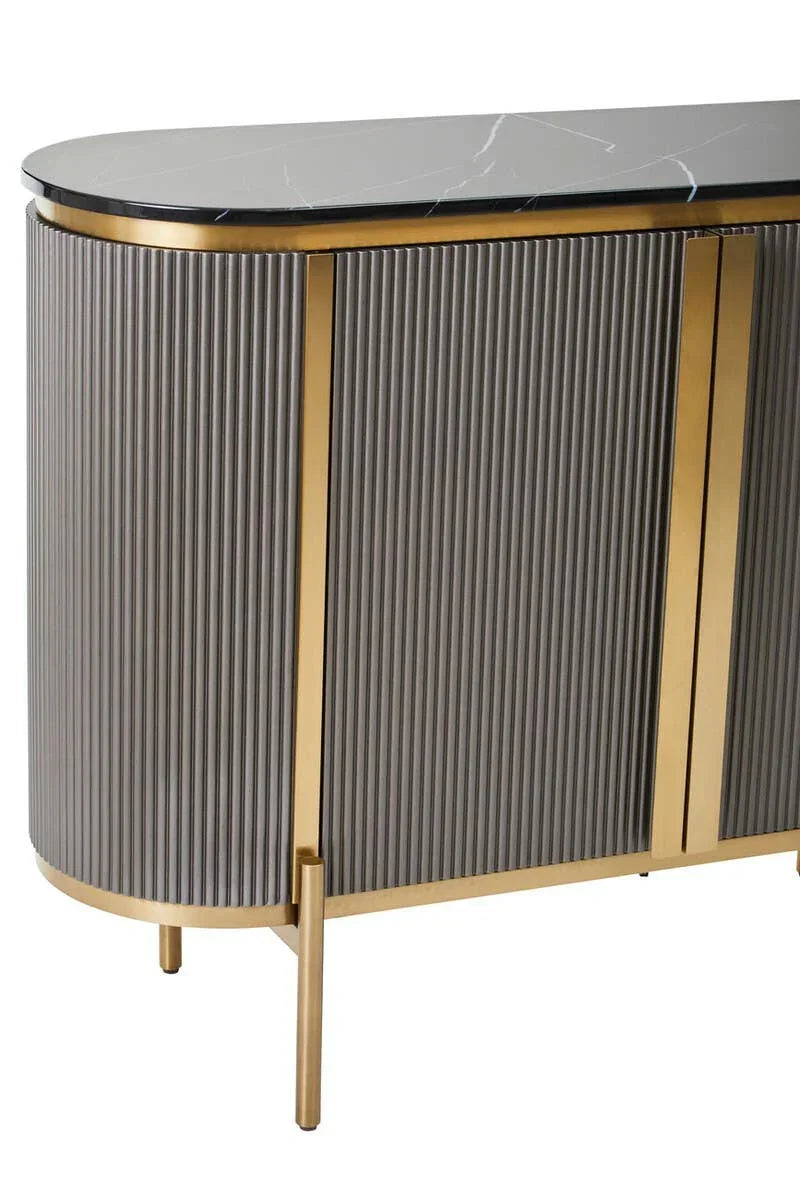 Grey and gold sideboard with fluted doors and black marble top, shown from side angle