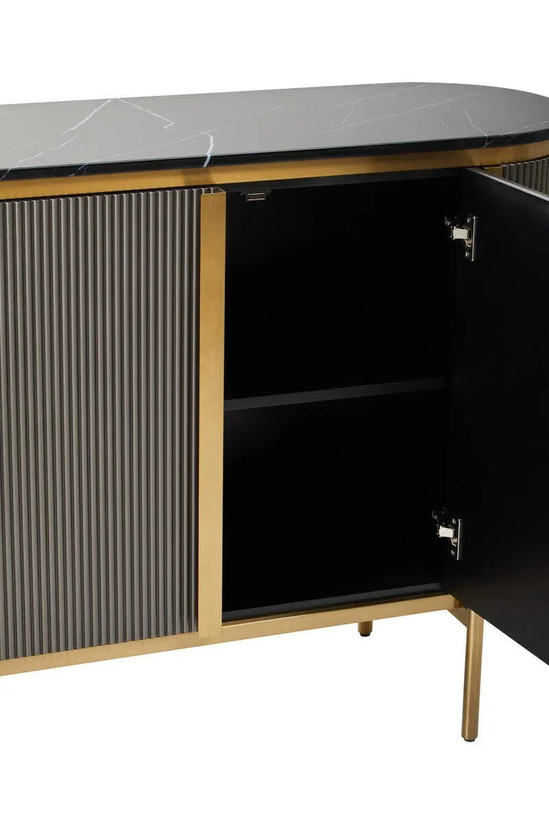 Sideboard with black marble top, gold frame, fluted doors, and open cabinet showing storage