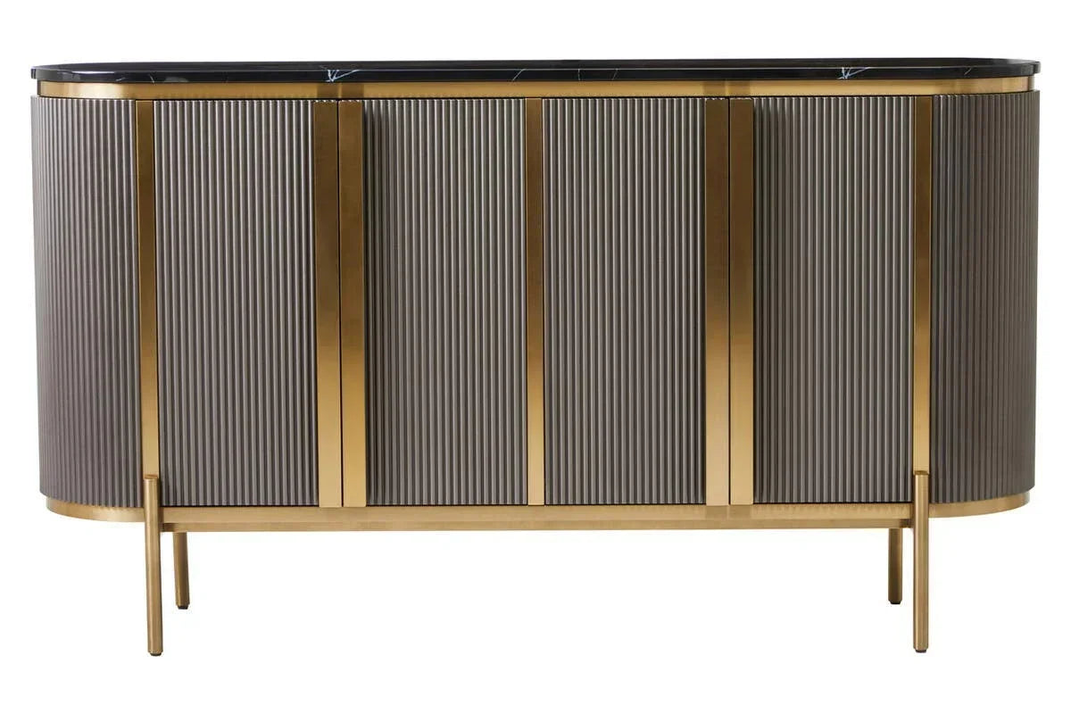 Gold and grey sideboard with fluted doors and black marble top