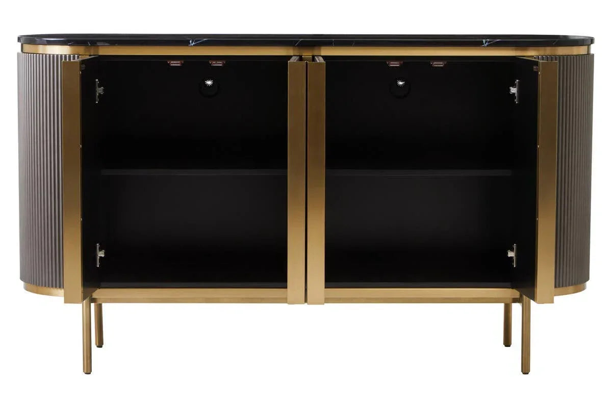 Black and gold sideboard cabinet with open doors and interior shelf, marble top visible